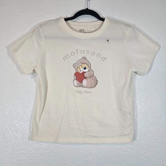 Uniqlo Mofusand Teddy Meow T Shirt Graphic Tee Women Medium Short Sleeve Beige - Picture 1 of 8